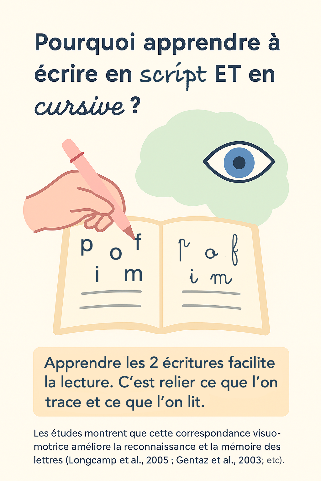 infographie representant les avantages à apprendre à ecrire en script et cursive