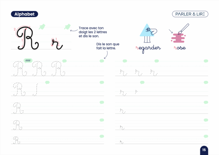 exemple de page d'ecriture de la lettre R en cursive majuscule et minuscule